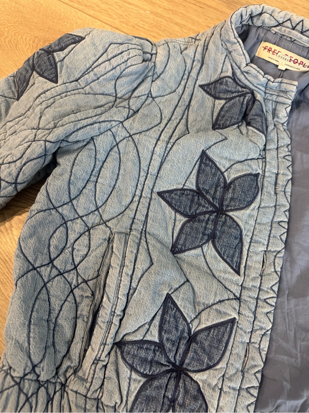 Free People Quinn Quilted Jacket indigo wash Floral Quilt Stitch Fall Coat - Picture 10 of 11